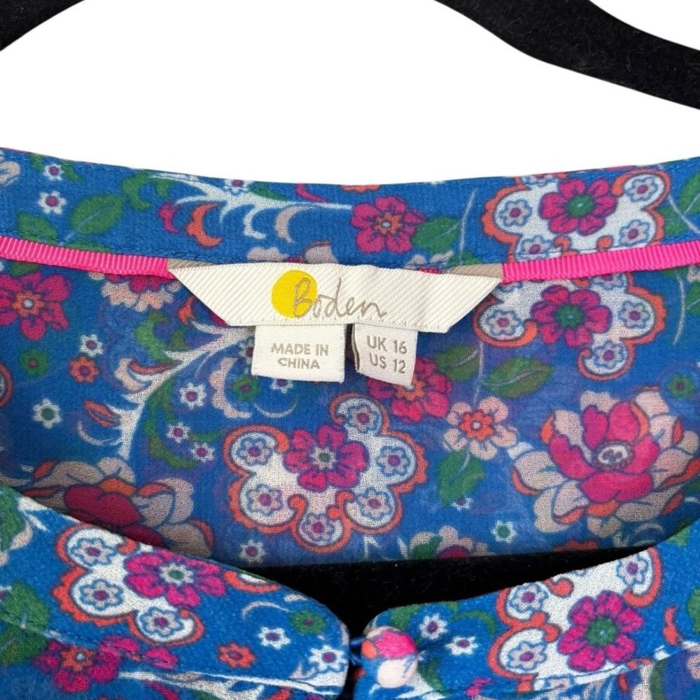 BODEN Blue Pink Floral Sleeveless Blouse Size US 12 Ruffle Bib Front Top Shirt - Picture 5 of 5